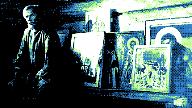 Andrei Rublev, next to his paintings.