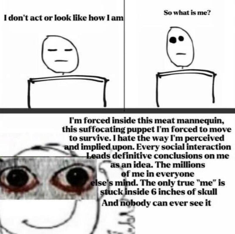 I don't act or look like how I am. So what is me? I'm forced inside this meat mannequin, this soffocating puppet I'm forced to move to survive. I hate the way I'm perceived and implied upon. Every social interaction leads definitive conclusions on me as an idea. The millions of me in everyone else's mind. The only true "me" is stuck inside 6 inches of skull. And nobody can see it.