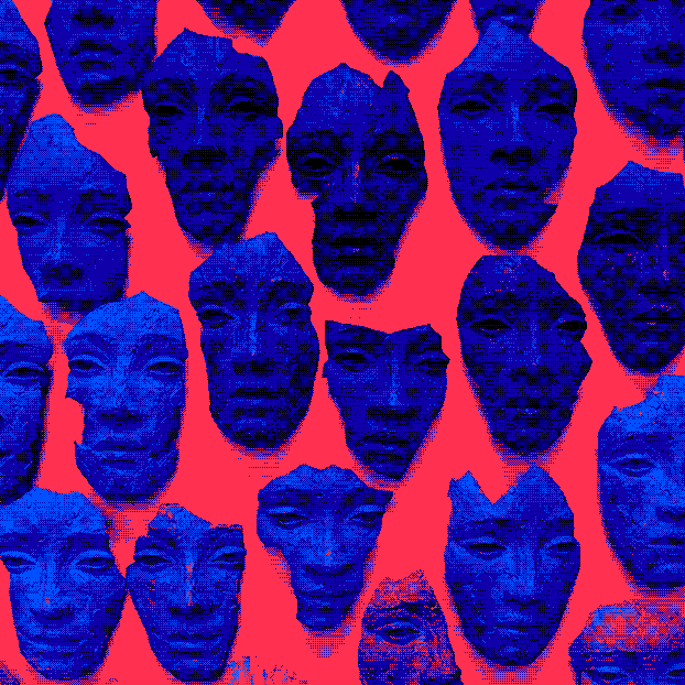 Blue human faces emerging from a sea of red.