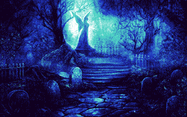 A serene little graveyard, cloaked in blue moonlight.
