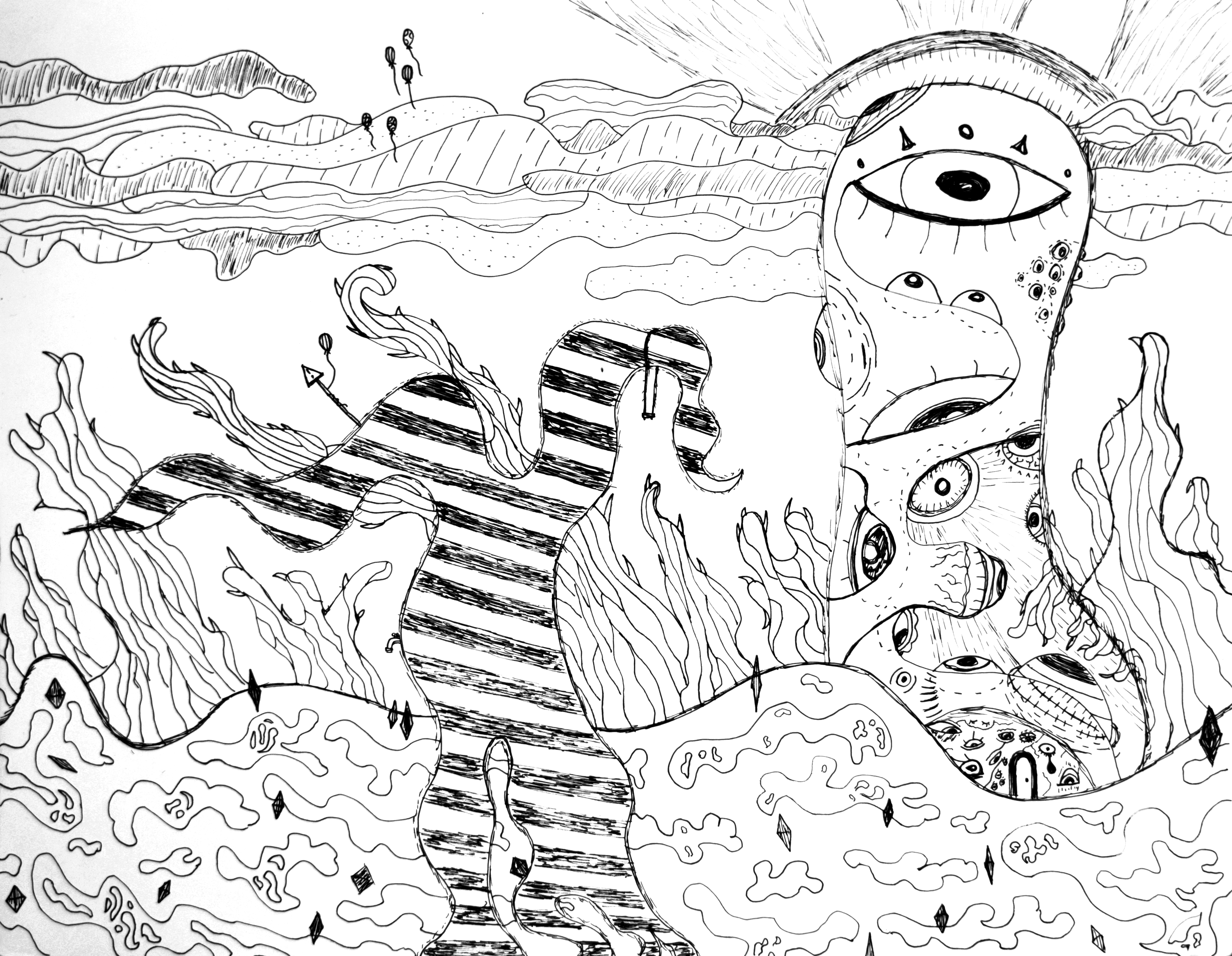 A monochrome surrealist landscape. On the left is a striped tree with a faucet, caution sign, and swing all sticking out of it. On the right is a towering blob creature covered in eyeballs, with a little door at it's base.