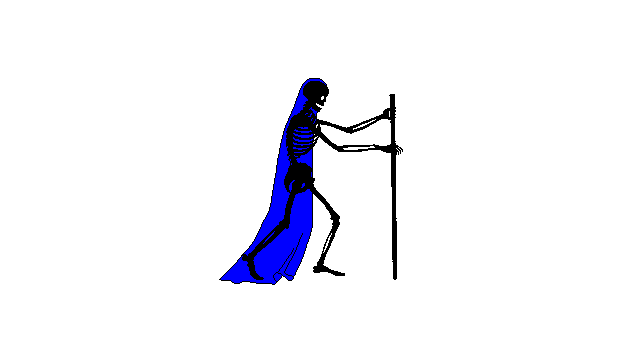 A skeleton in a blue robe, holding a walking stick.