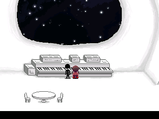 'Madotsuki plays piano with a sad alien while gazing at outer space.'